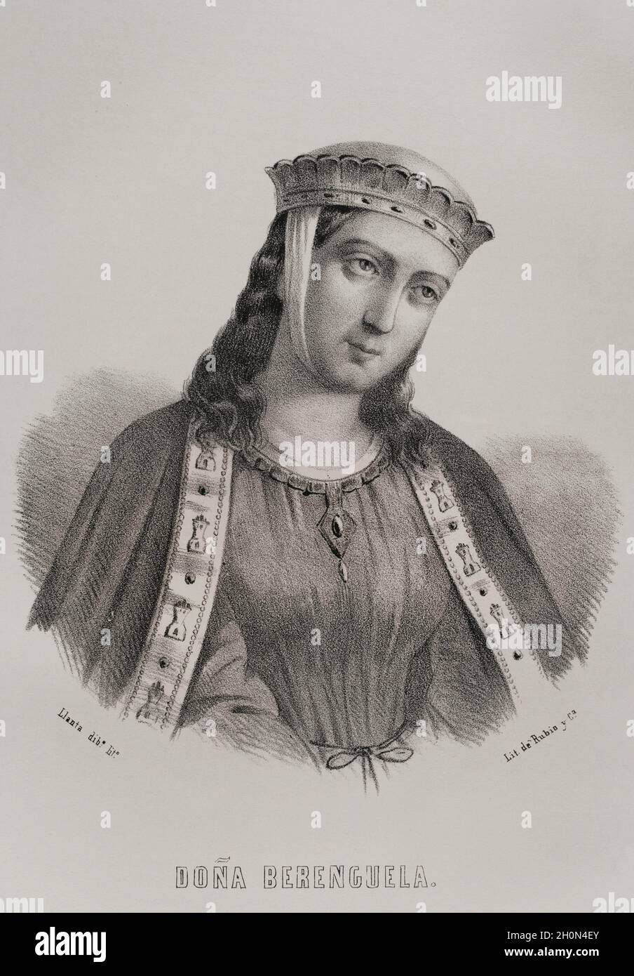 Berengaria (1180-1246). Queen of Castile and Queen consort of Leon. Portrait. Illustration by Llanta. Lithography. Cronica General de España. Historia Stock Photo