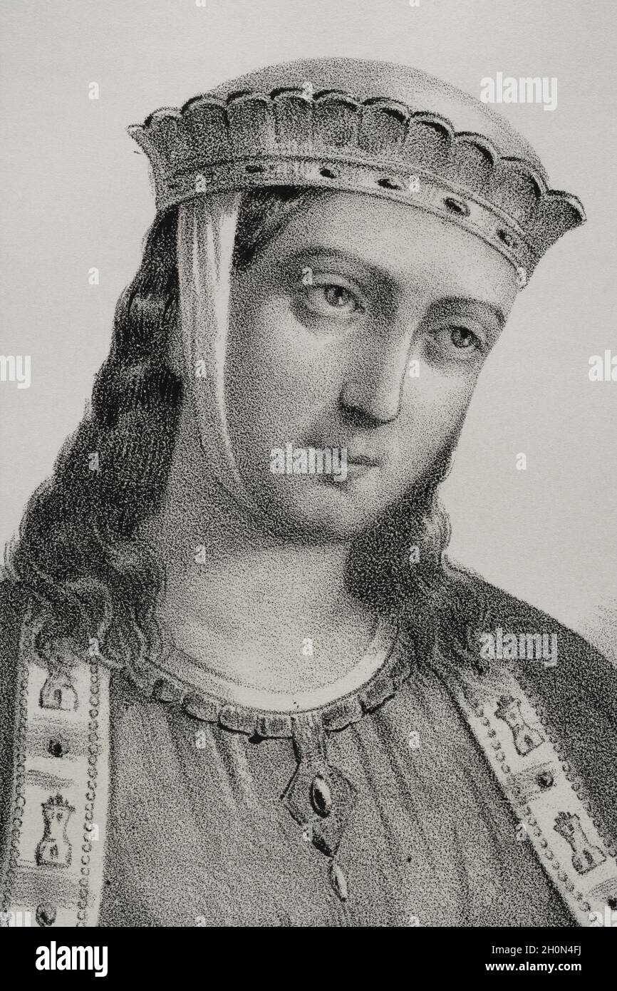 Berengaria (1180-1246). Queen of Castile and Queen consort of Leon. Portrait, detail. Illustration by Llanta. Lithography. Cronica General de España. Stock Photo