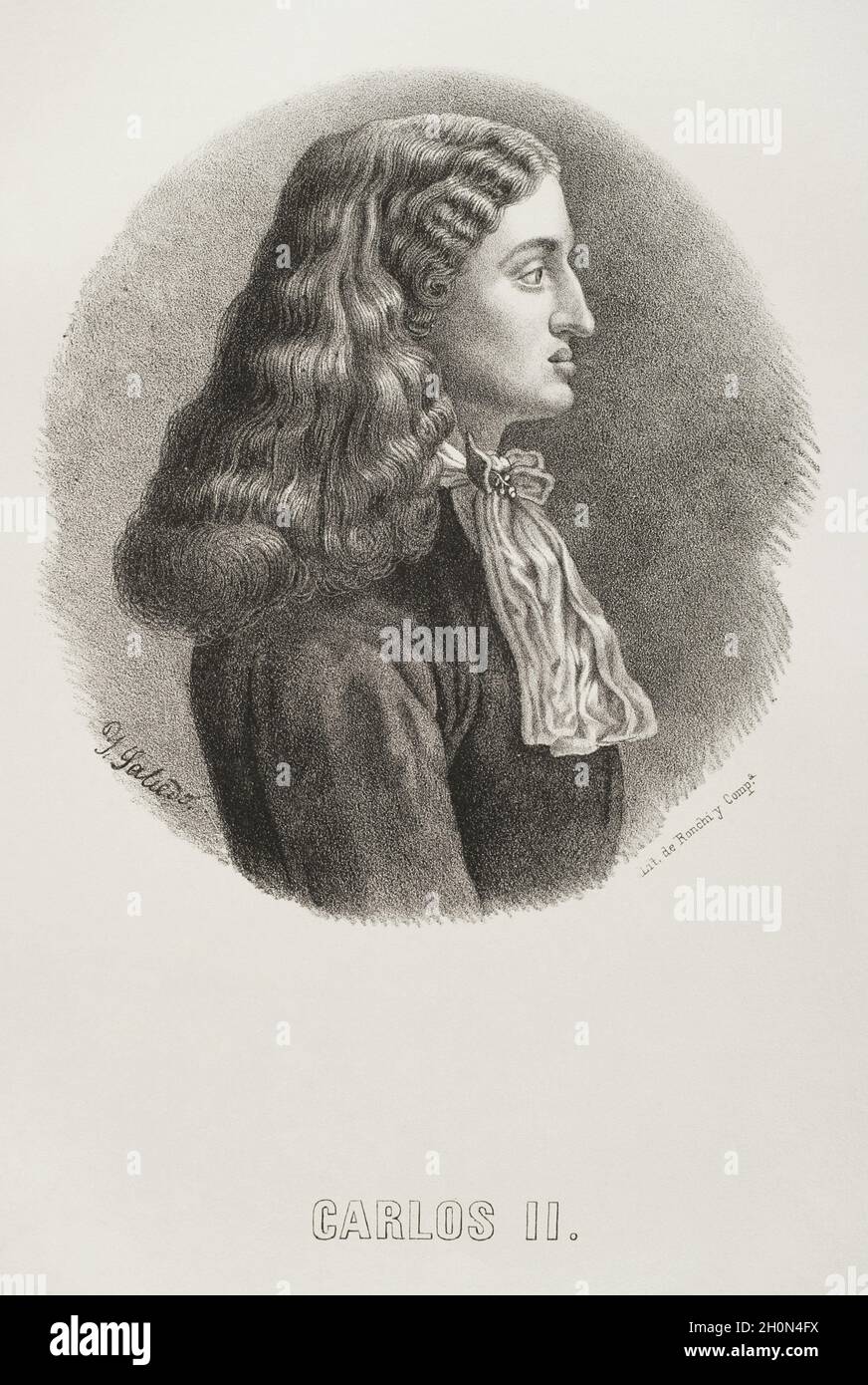 Charles II, the Bewitched (1661-1700). King of Spain. Portrait. Illustration by Salcedo. Lithography. Cronica General de España. Historia Ilustrada y Stock Photo