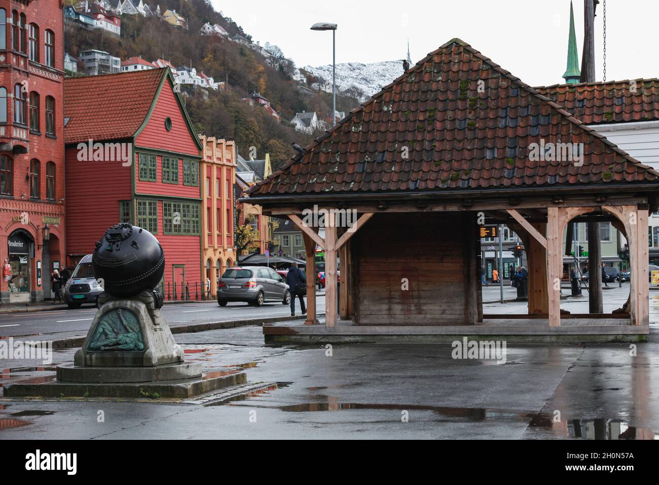Bergen, Norway - November 14, 2017: Bergen Bryggen. World War 1 Memorial with Sea Mine Stock Photo