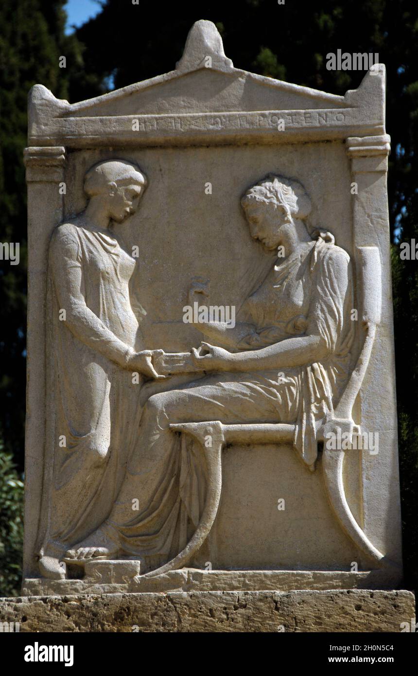 Greece, Athens. Area of Kerameikos (Ceramicus). Replica of the funerary Stele of Hegeso, c. 410-400 BC. The original piece is located at the National Stock Photo