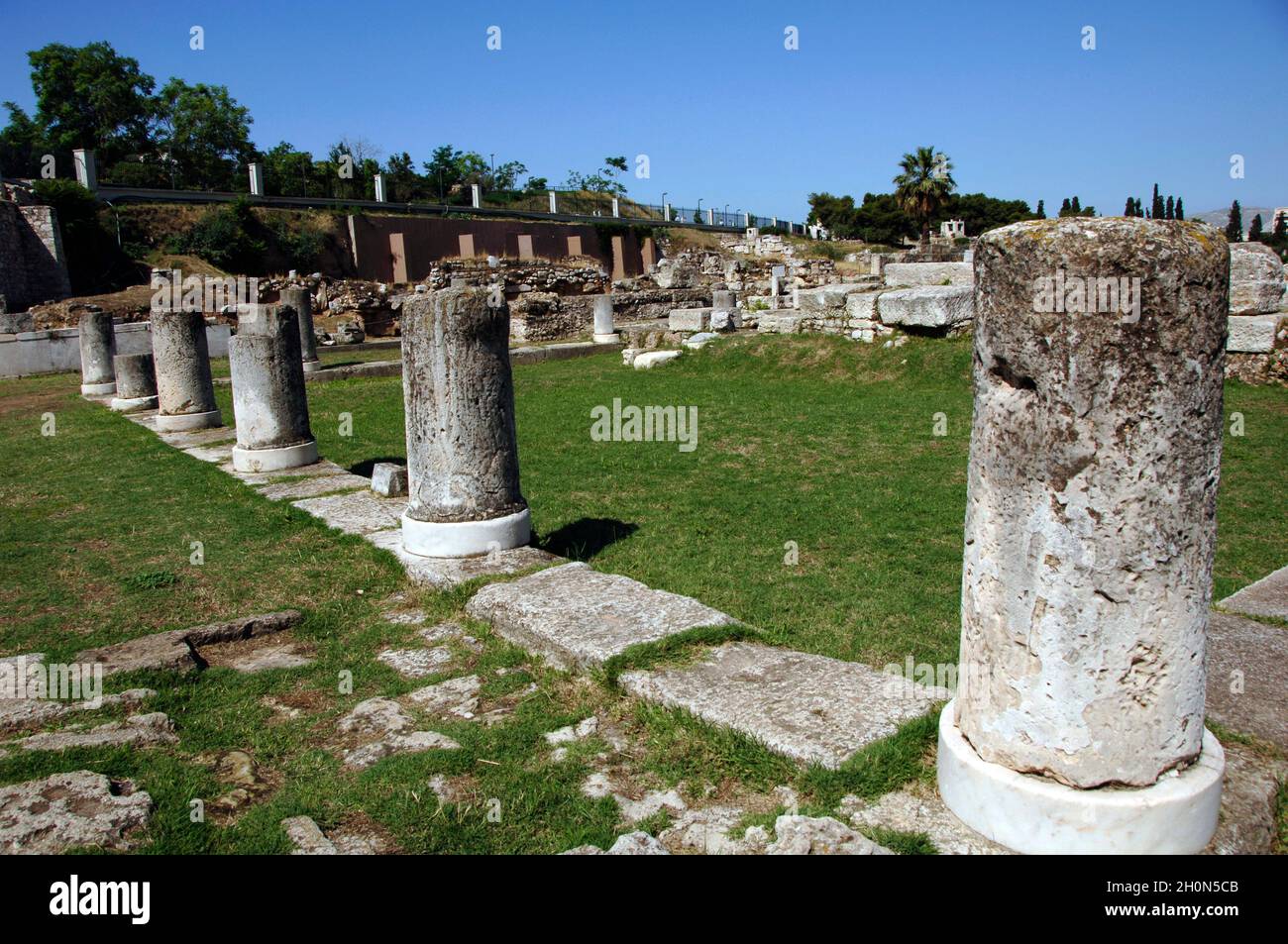 Greece, Athens. Area of Kerameikos (Ceramicus). Its name derives from 'potter's quarter'. Northwest of the Acropolis. View of the Pompeion, the public Stock Photo