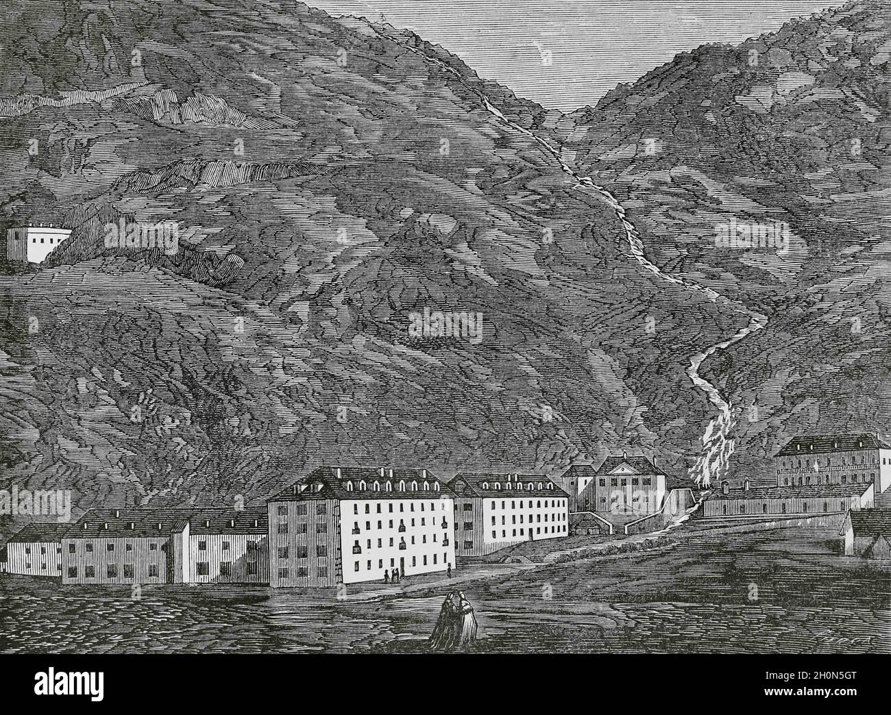 Spain, Aragon, Huesca province. Panticosa Baths. Panoramic view of the thermal complex. Engraving by Sierra. Cronica General de España, Historia Ilust Stock Photo