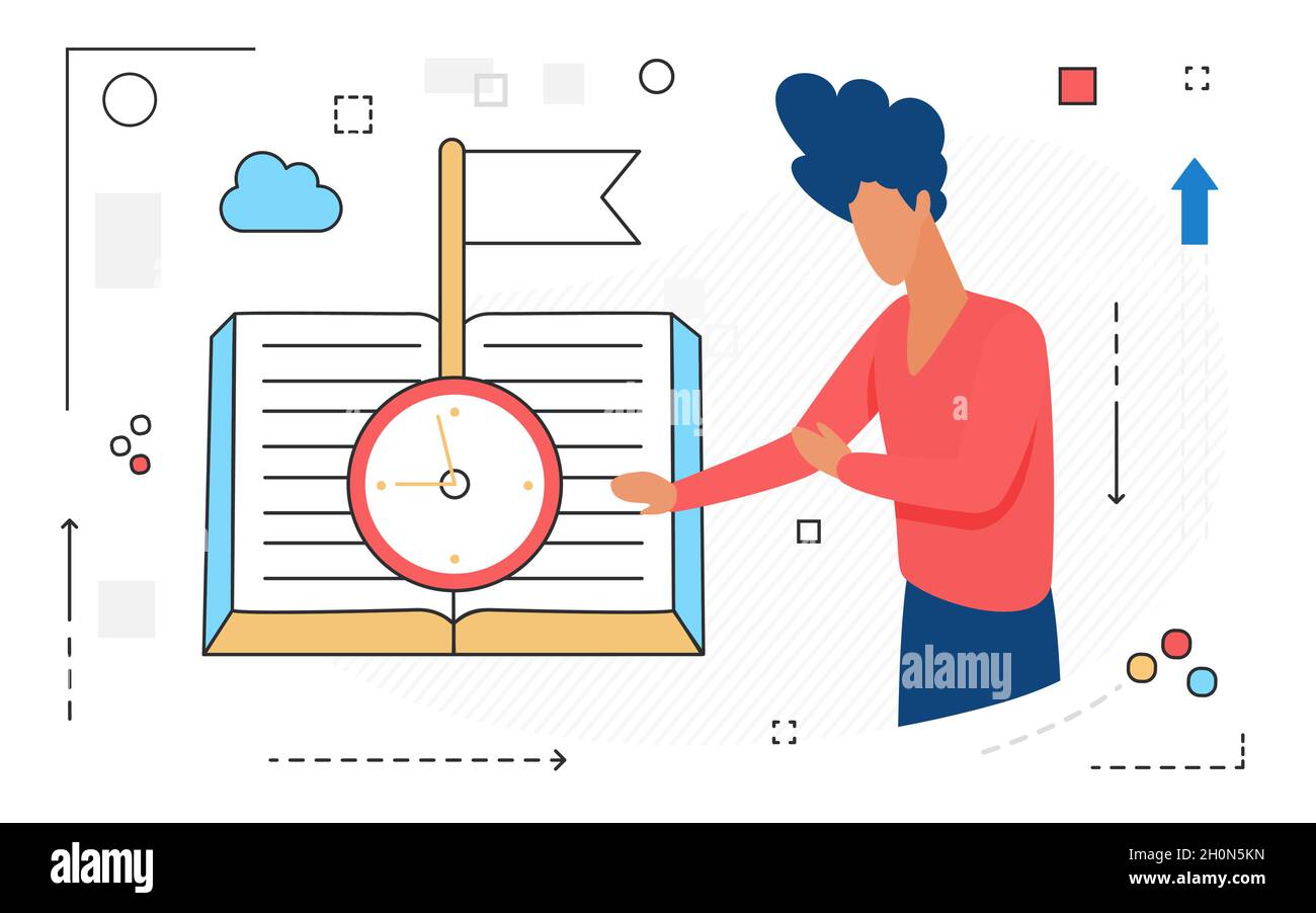 Business time management, skill and knowledge vector illustration. Cartoon manager character standing with open book, clock, target goal flag, education service with line thin icons isolated on white Stock Vector