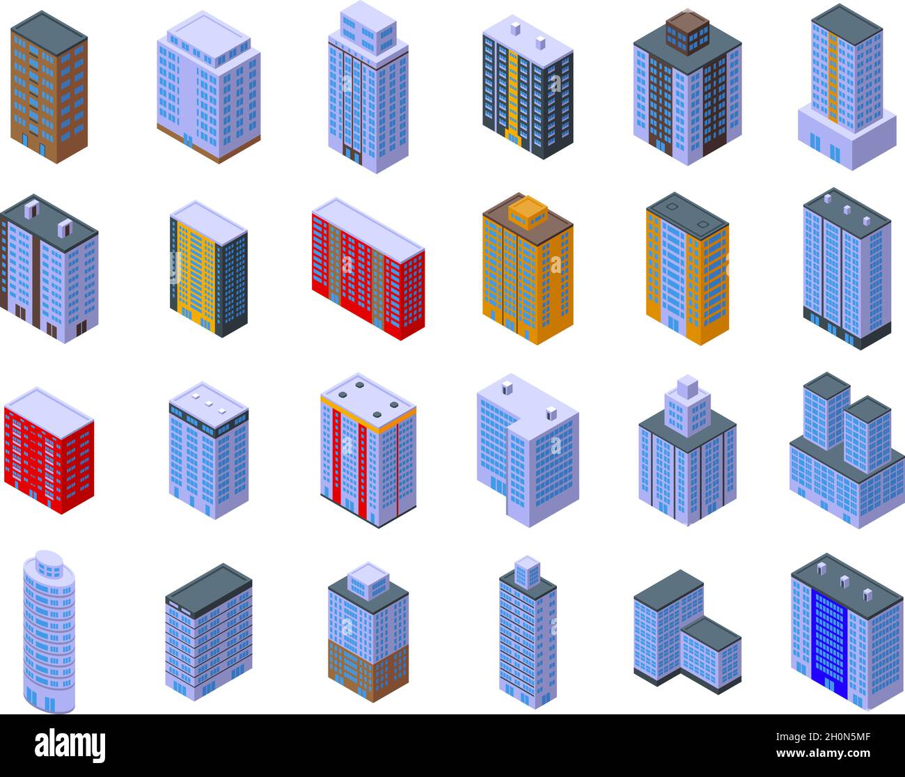 Multistory building icons set isometric vector. Interior architecture. House design Stock Vector