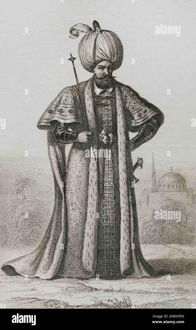 Suleyman the Magnificent (1494-1566). Sultan of the Ottoman Empire from 1520 to 1566. Engraving by Lemaitre and Masson. Historia de Turquia by Joseph Stock Photo