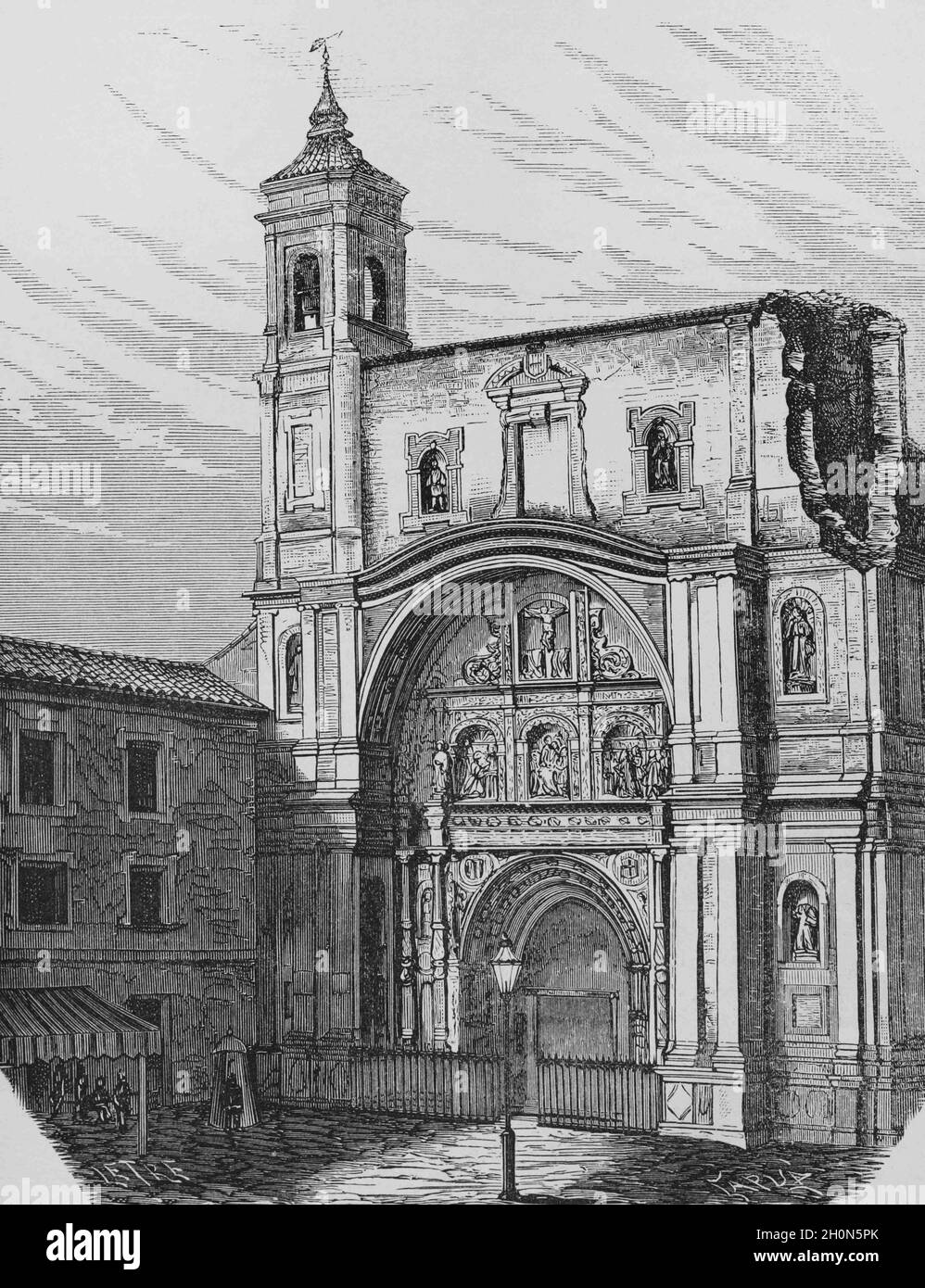 Spain, Aragon, Zaragoza. Basilica of Santa Engracia. General view of the Renaissance-style facade. Illustration by Letre. Engraving by Capuz. Cronica Stock Photo