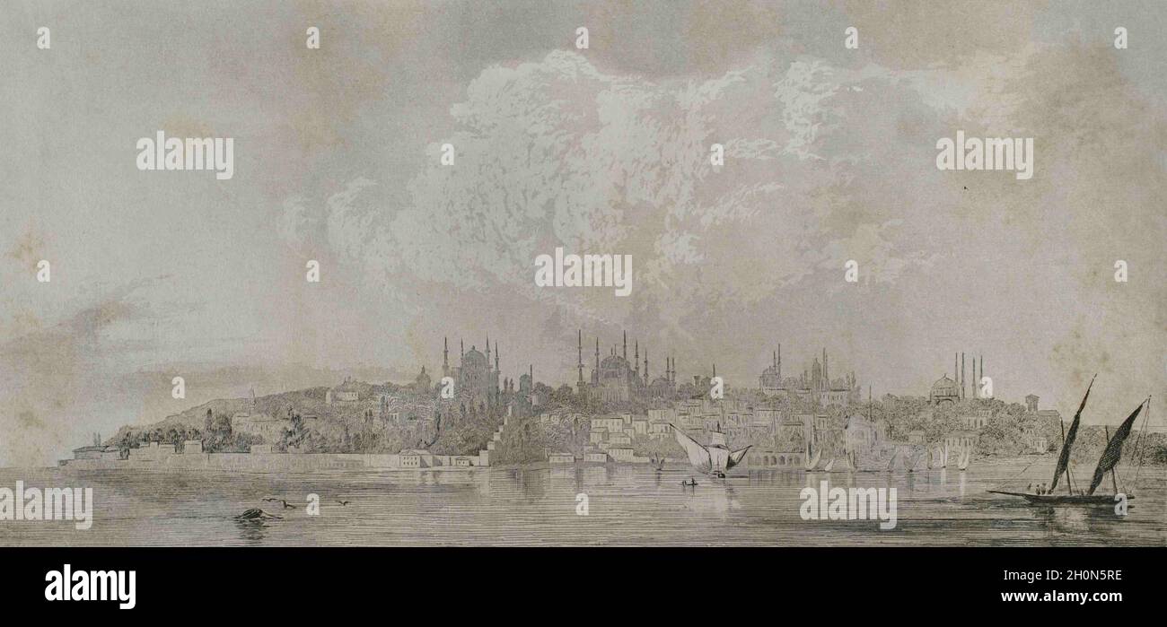 Ottoman Empire. Turkey. Constantinople. Panoramic view of Constantinople with the Seraglio Point. Engraving by Lemaitre. Historia de Turquia by Joseph Stock Photo