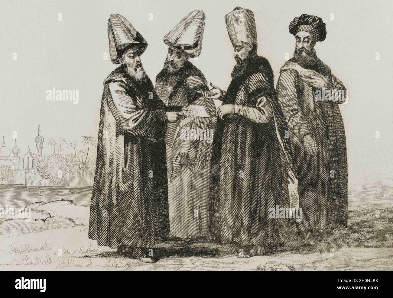 Turkey. Administration of the Ottoman Empire. From left to right: Grand Vizier, Kaim-Mekam, Reis Efendi and Khadjedhian, member of the Divan. Historia Stock Photo