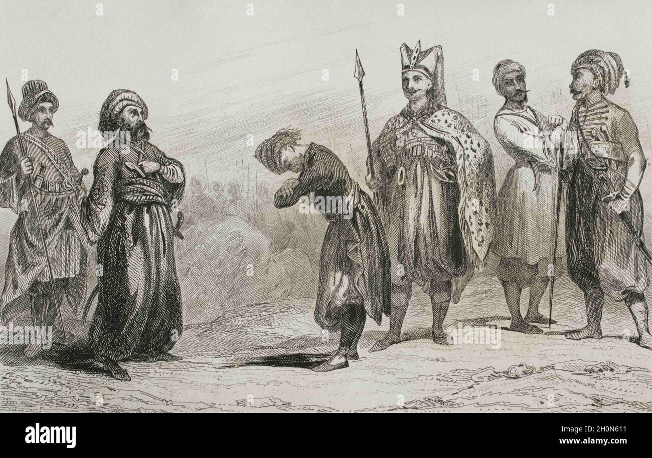 Turkey. Ottoman Empire. Turkish army troops. From left to right: Chatir, Pasha, militiaman, Harbagi, Egyptian soldier and another militiaman. Engravin Stock Photo