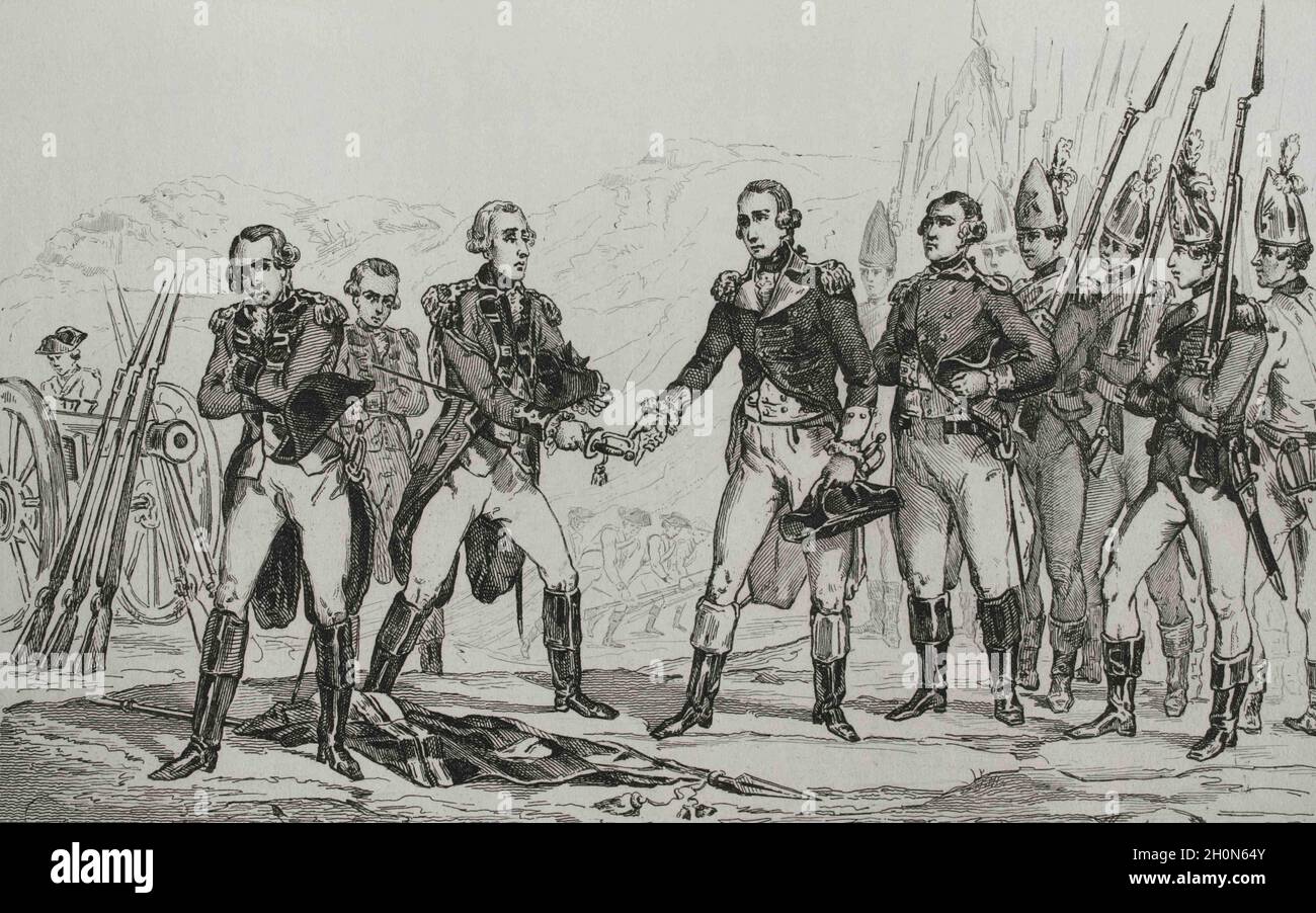 American Revolution. British General John Burgoyne's surrender after the Battlle of Saratoga on 17 October 1777. Engraving by Vernier. Panorama Univer Stock Photo