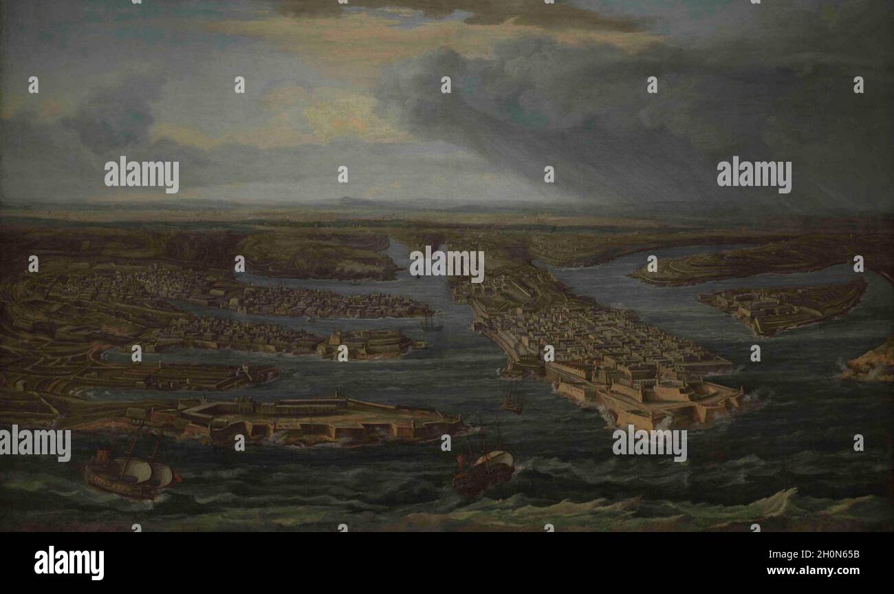 Attributed to Giuseppe Caloriti (1681-ca.1740). Italian painter. View of Valletta and the Three Cities, ca.1733. Depiction of an extensive panoramic e Stock Photo