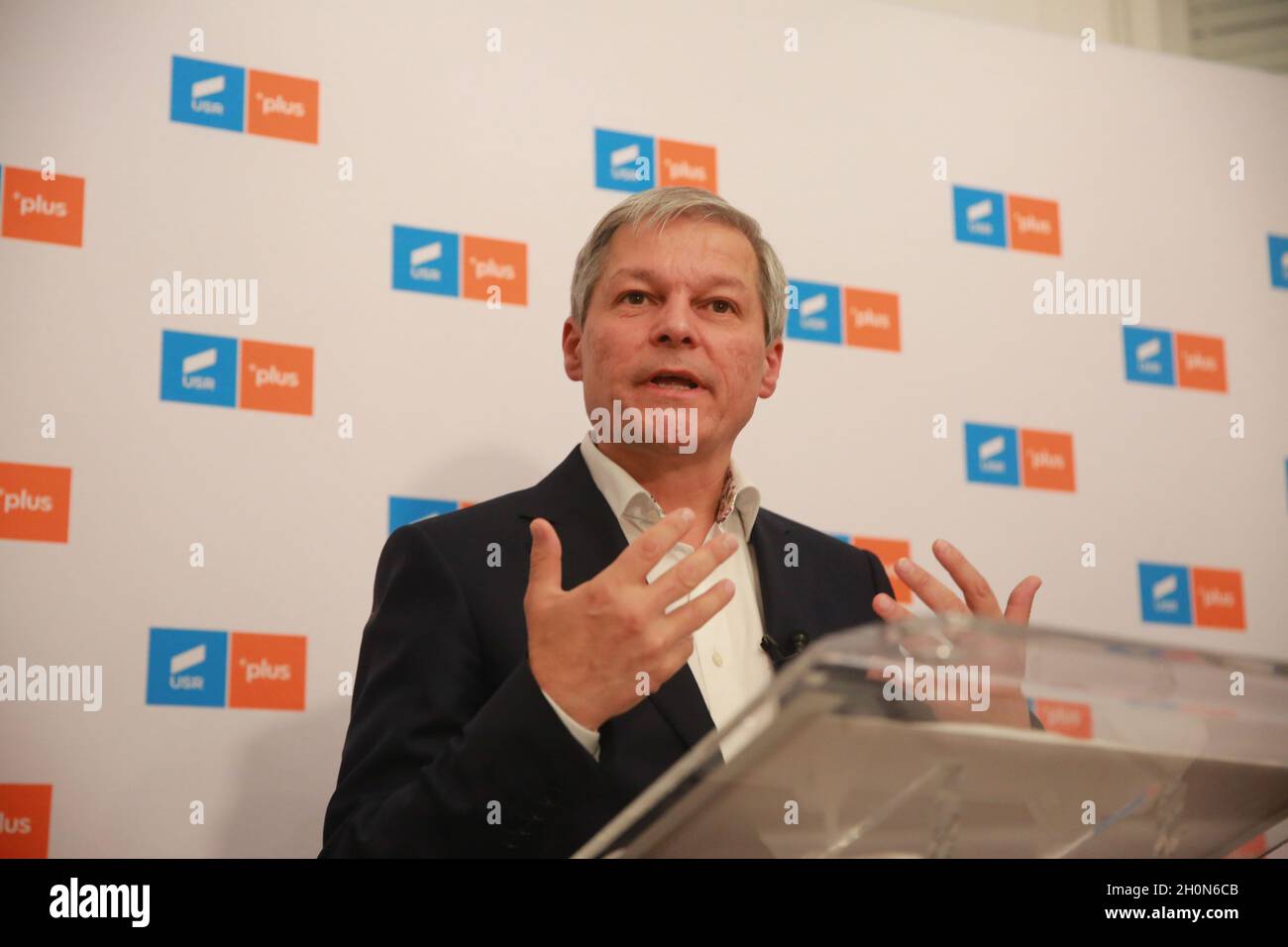 BUCHAREST, ROMANIA - October 13, 2021: Prime Minister designate Dacian Ciolos, chairman of Save Romania Union (USR) speaks during a press conference. Stock Photo