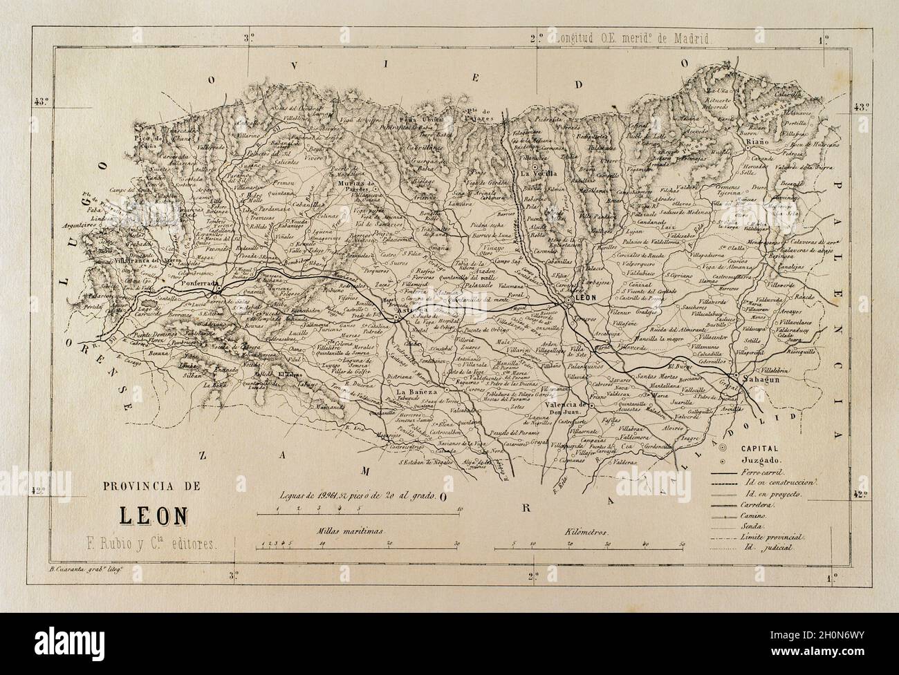 Spain. Map of the province of Leon. Cronica General de España, Historia Ilustrada y Descriptiva de sus Provincias. Asturias and Leon, 1867. Stock Photo