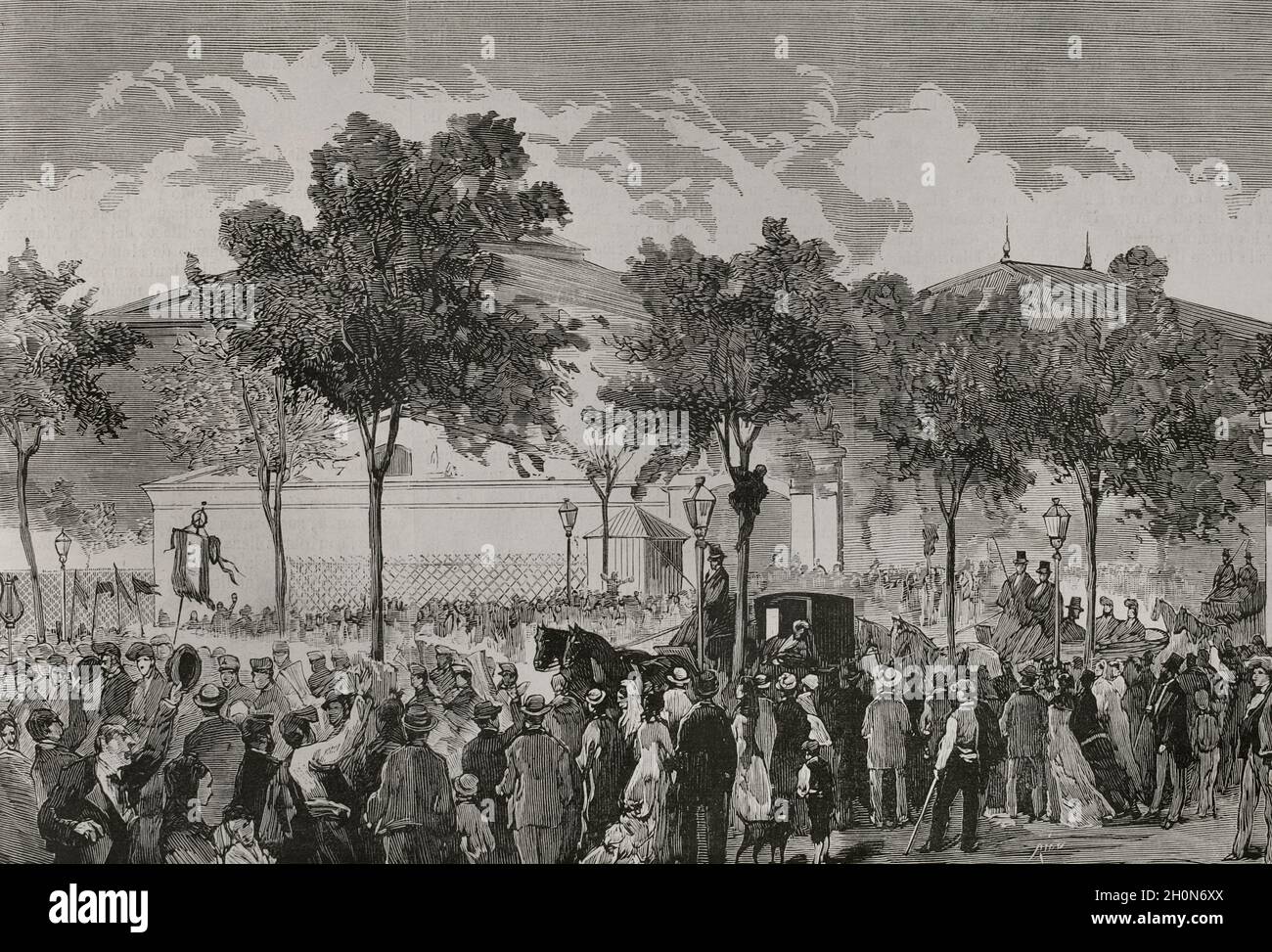 History of Spain. Ten Year's War (1868-1878). Catalonia, Barcelona. Arrival of the only 47 Catalan volunteers who came back from the Cuban campaign. Engraving by Rico. La Ilustración Española y Americana, 1878. Stock Photo