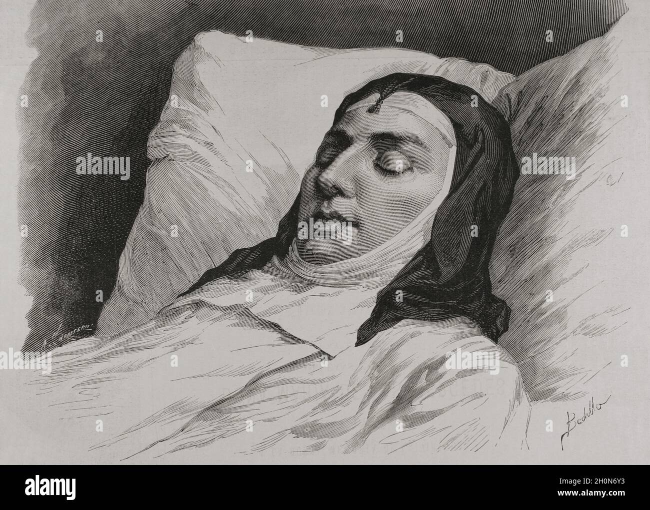 María de las Mercedes of Orleans (1860-1878). Queen consort of Spain by her marriage to King Alfonso XII. She died shortly after her wedding as a result of typhoid fever. The queen in her mortuary bed. Drawing from life by Badillo. Engraving by Arturo Carretero. La Ilustración Española y Americana, 1878. Stock Photo