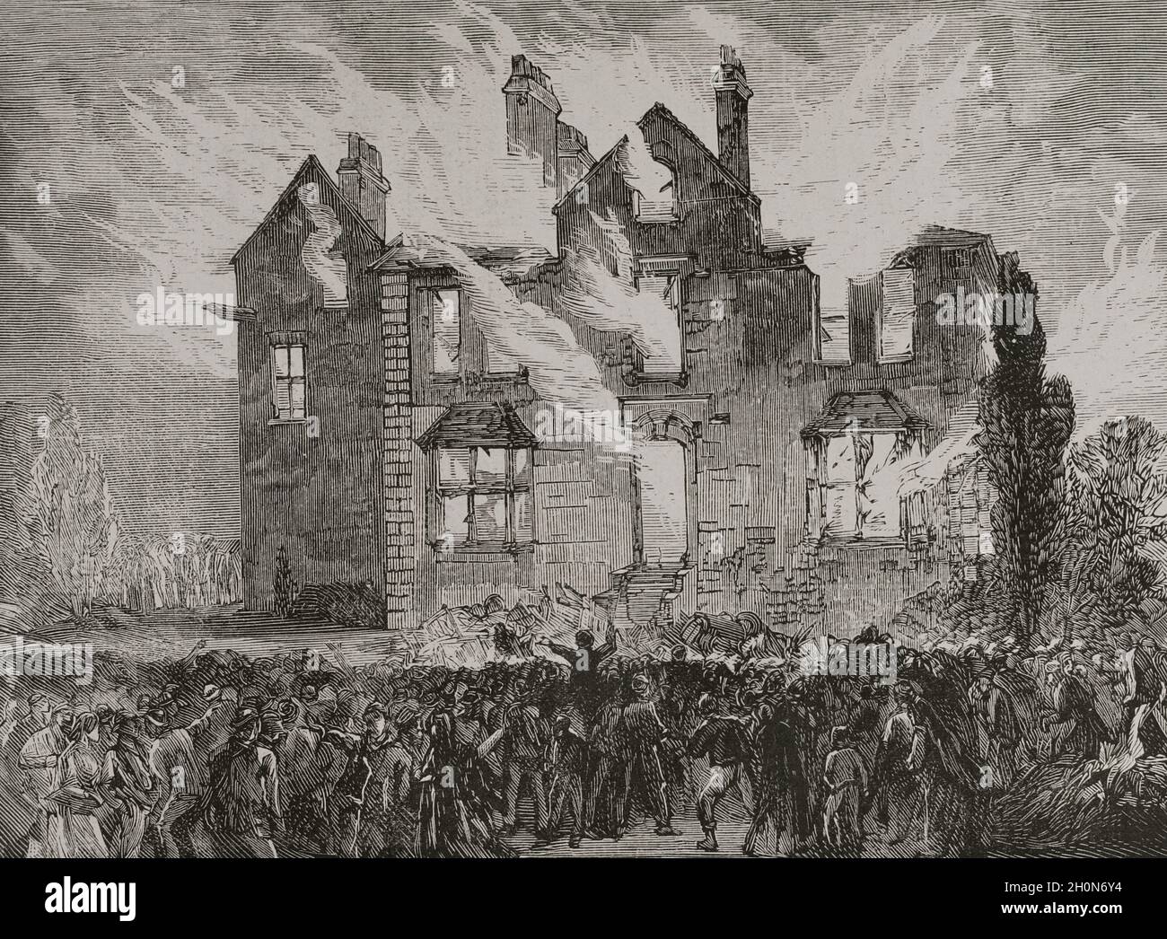 History of England. 19th century. Workers' movement. Workers' strikes in the district of Lancashire. The high cost of basic necessities, the lack of work, business problems and some laws that affected the poorest classes, were the causes that provoked strikes of miners and workers during the month of May 1878. Attack and burning of the residence of Colonel Rayusford Jackson, in Wilpshire. The fire was caused by cotton workers during the cotton riots. Engraving. La Ilustración Española y Americana, 1878. Stock Photo