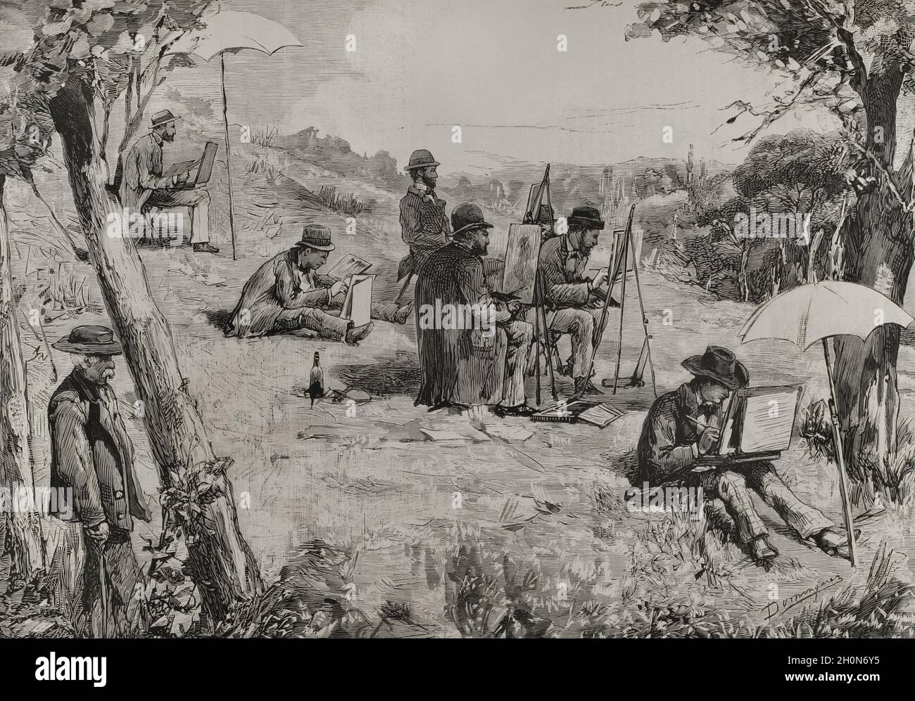 History of Spain. Madrid. Rome pension opponents practicing natural exercises in the vicinity of the San Fernando Bridge. Drawing by Manuel Domínguez. Engraving. La Ilustración Española y Americana, 1878. Stock Photo