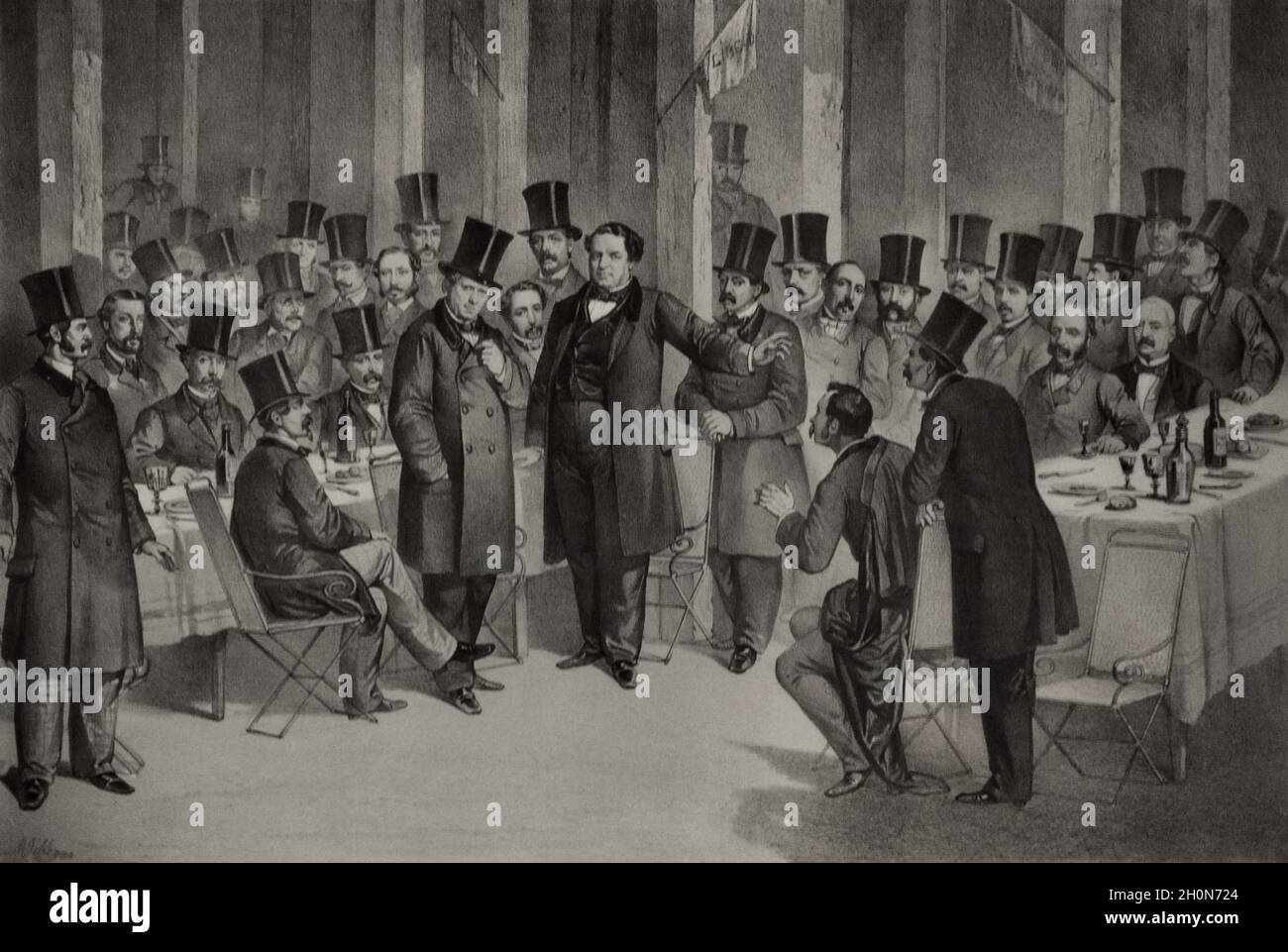 Banquet held by the Progressives on 20th December, 1863. Lithography, by Jose Villegas (1840-1865), ca. 1863. Museum of Romanticism. Madrid, Spain. Stock Photo