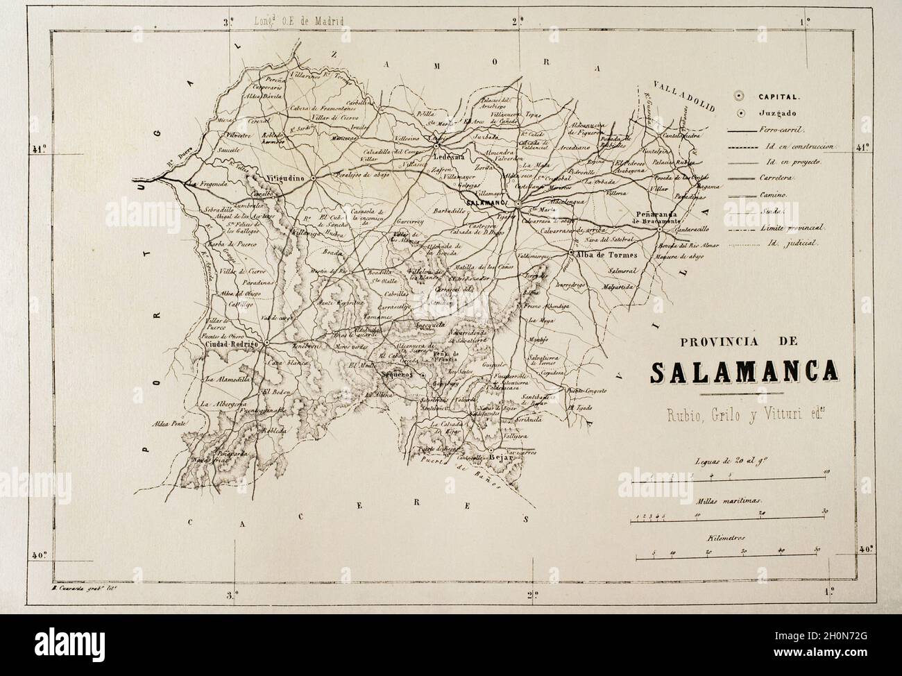 Spain. Map of the province of Salamanca. Cronica General de España, Historia Ilustrada y Descriptiva de sus Provincias. Asturias and Leon, 1867. Stock Photo