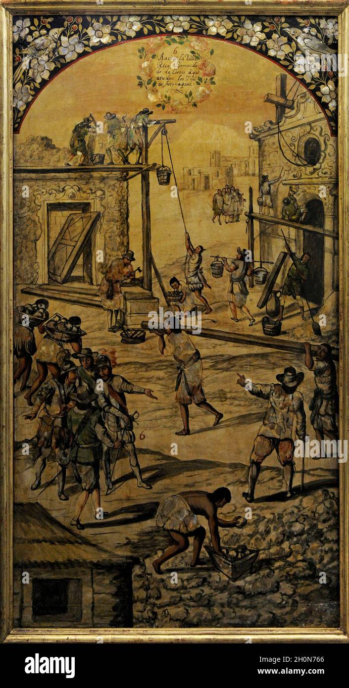 Spanish conquest of the Aztec Empire (1519-21). Construction of the Villa Rica of La Vera Cruz, with the help of the Totonac Indians. Board 3 belongin Stock Photo