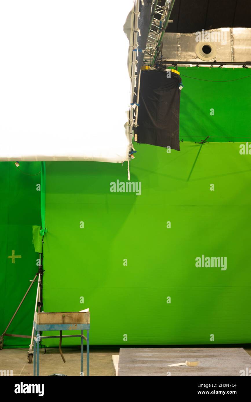 Green croma key screen in television, movie film and photography studio for shoots and photography Stock Photo