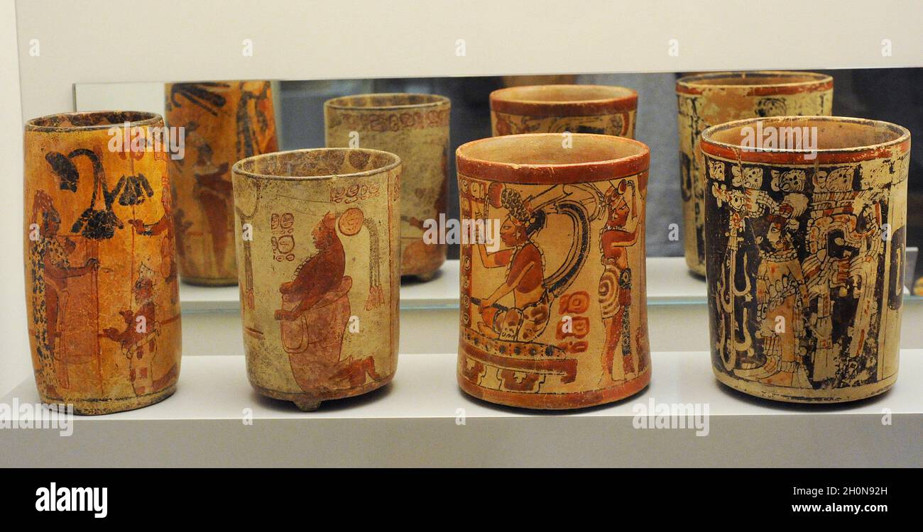 Vases decorated with courtly scenes. Painted ceramics. Maya culture. Late Classic Period (600-900 AD). Mesoamerica. Maya region. Museum of the America Stock Photo