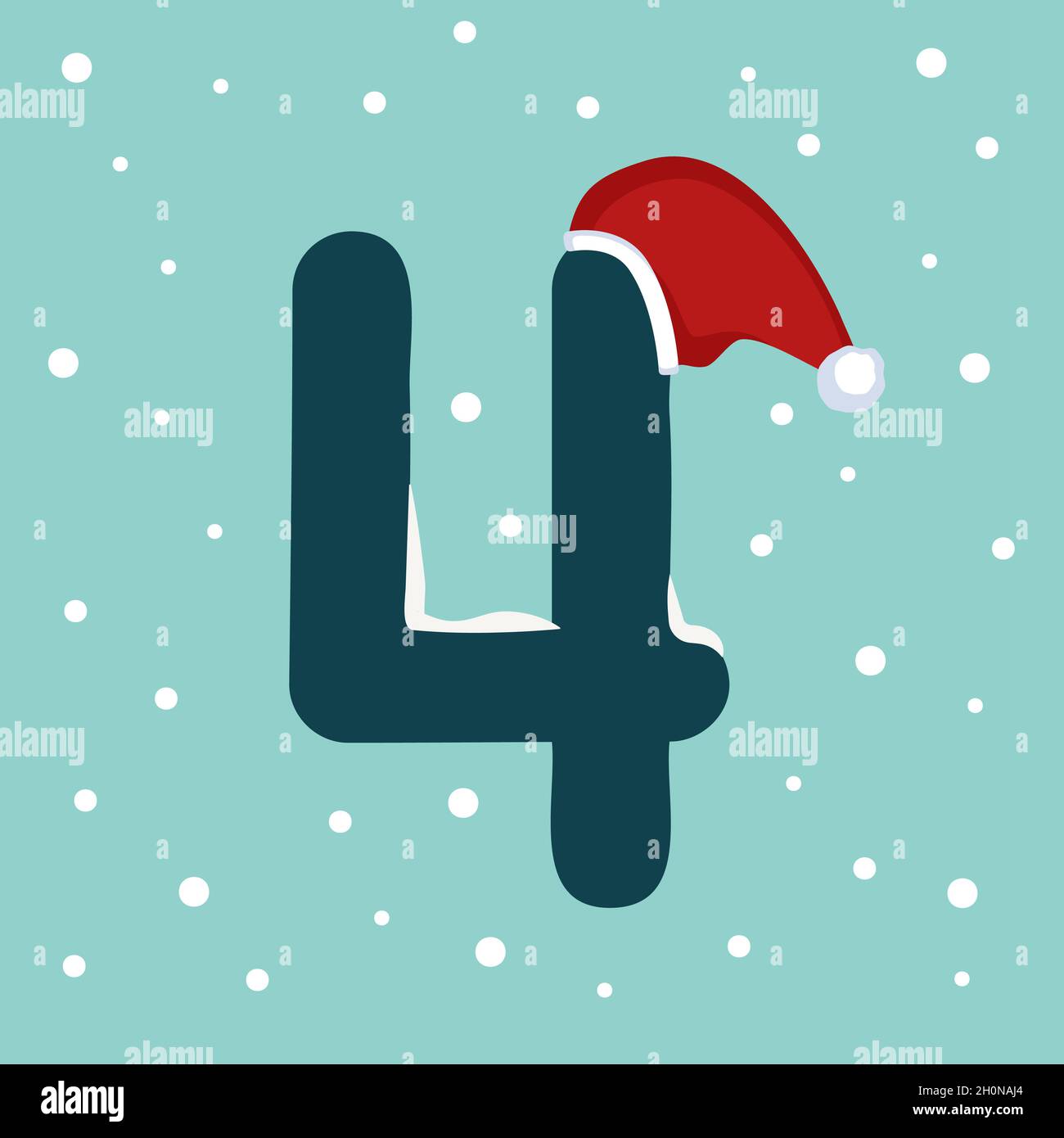Number four with snow and red Santa Claus hat. Festive font for