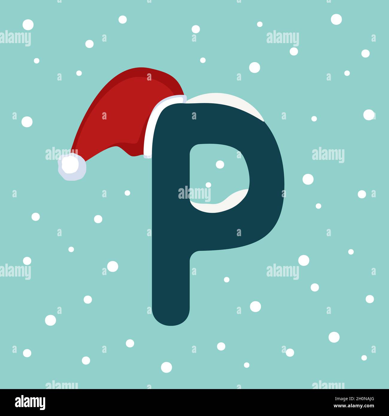 Letter P with snow and red Santa Claus hat. Festive font for Christmas and New Year Stock Vector