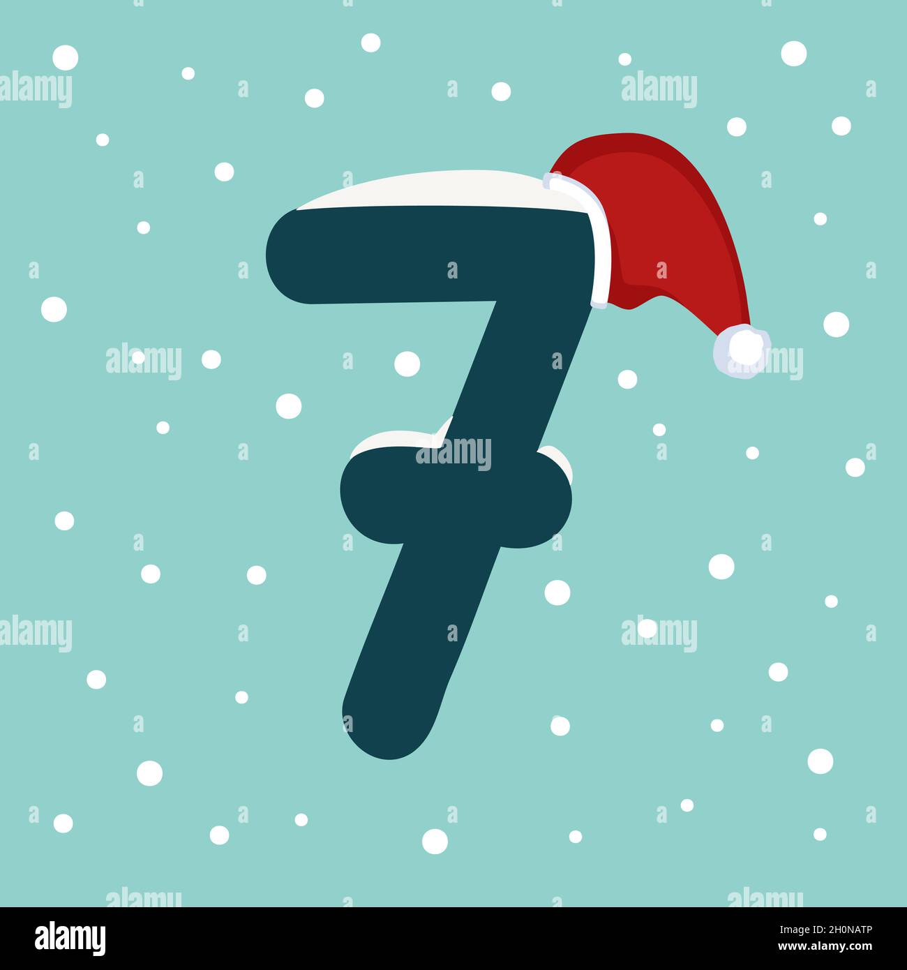 Number seven with snow and red Santa Claus hat. Festive font for