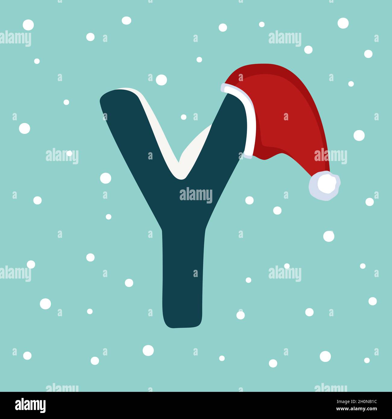 Letter Y with snow and red Santa Claus hat. Festive font for Christmas and New Year Stock Vector