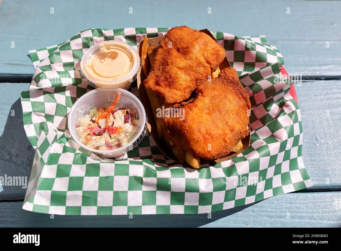 A Salmon Fish and Chips order at Emerald City Fish & Chips, Seattle