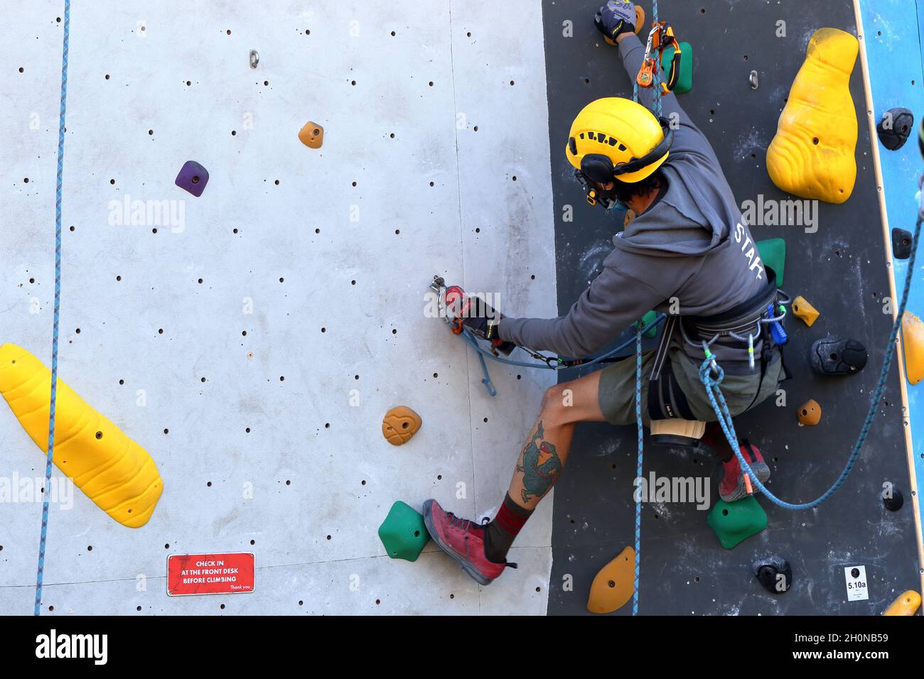 A worker in climbing gear and safety harness installing equipment on a rock climbing wall. Stock Photo