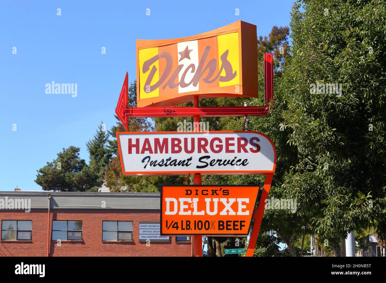 Dick's Drive-in signage at a restaurant in the Wallingford neighborhood, Seattle, Washington. Stock Photo