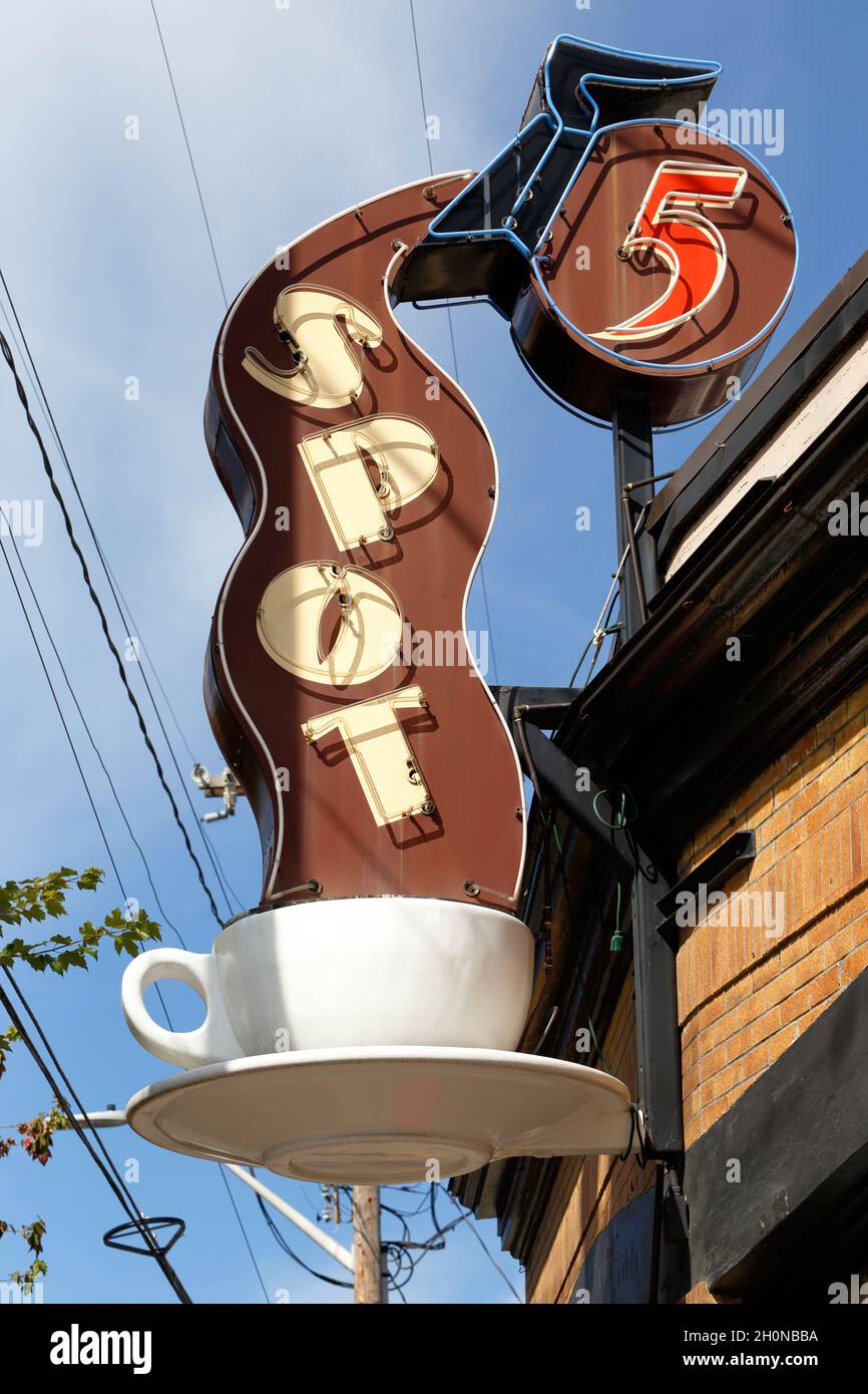 5 Spot, 1502 Queen Anne Ave N, Seattle, Washington. The neon marquee of an iconic restaurant in the Queen Anne neighborhood Stock Photo
