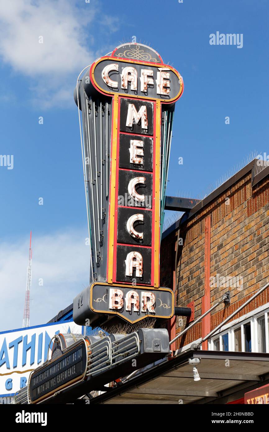 Mecca Cafe, 526 Queen Anne Ave N, Seattle, Washington. neon marquee of an iconic restaurant and lounge in the Queen Anne neighborhood. Stock Photo