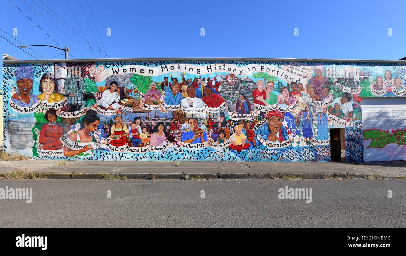 Woman Making History in Portland community mural, N Harding Ave, Portland, Oregon, honoring the women who have influenced the city. Stock Photo