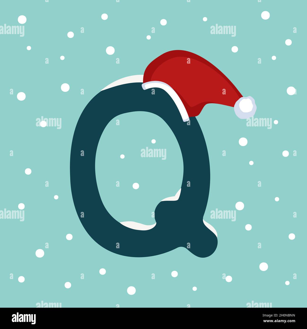 Letter Q with snow and red Santa Claus hat. Festive font for Christmas and New Year Stock Vector