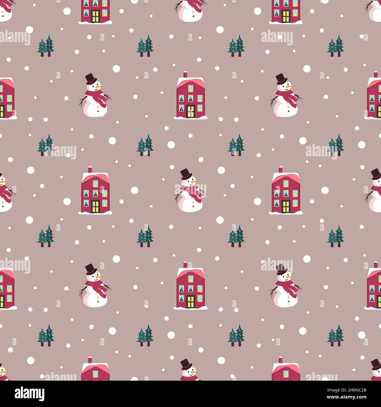 Seamless pattern with festive Christmas houses, snowman, trees and ...