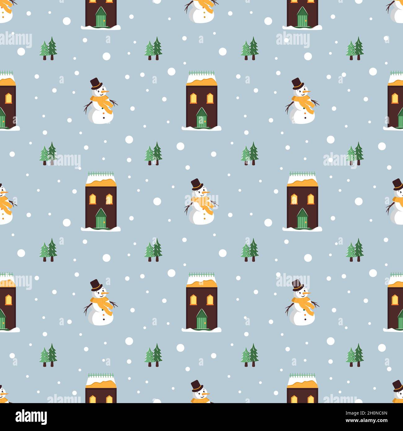 Seamless pattern with festive Christmas houses, snowman, trees and ...