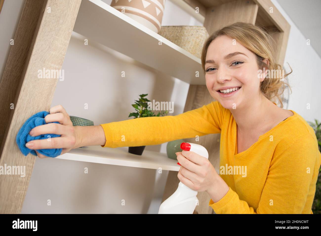 attractive girl dusting furniture at home and smiling Stock Photo Alamy