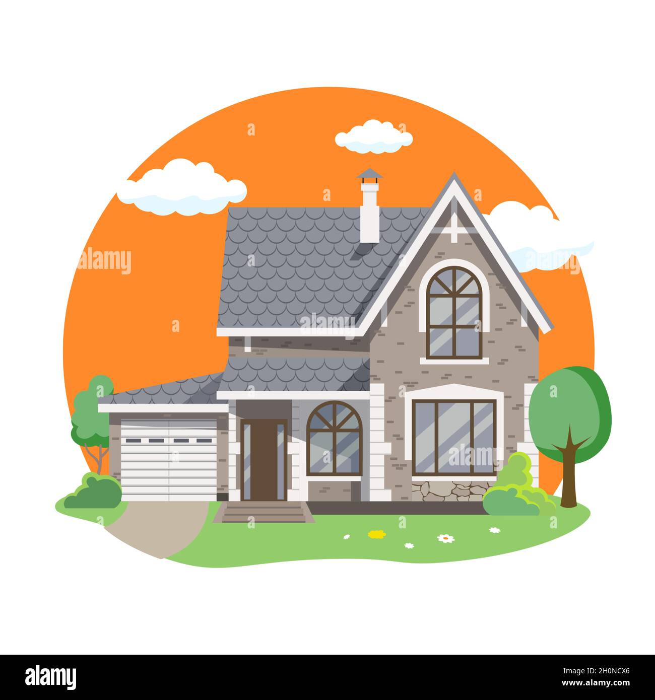 Cartoon house exterior with blue clouded sky Front Home Architecture Concept Flat Design Style. Vector illustration of Facade Building Stock Vector