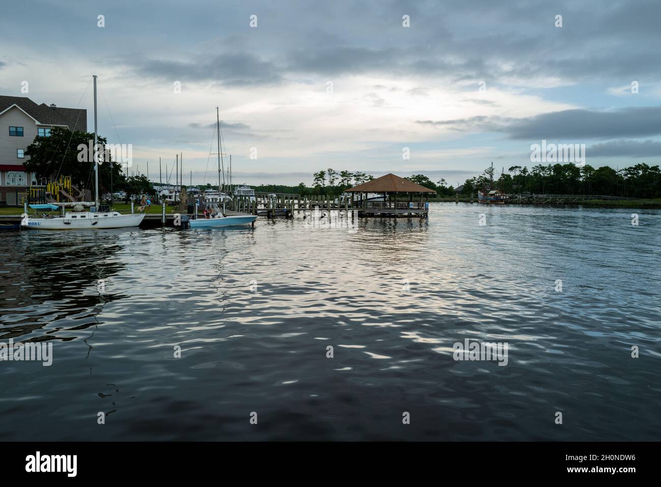 Manteo, NC, USA — August 15, 2021. Roanoke Marshes and marina in the