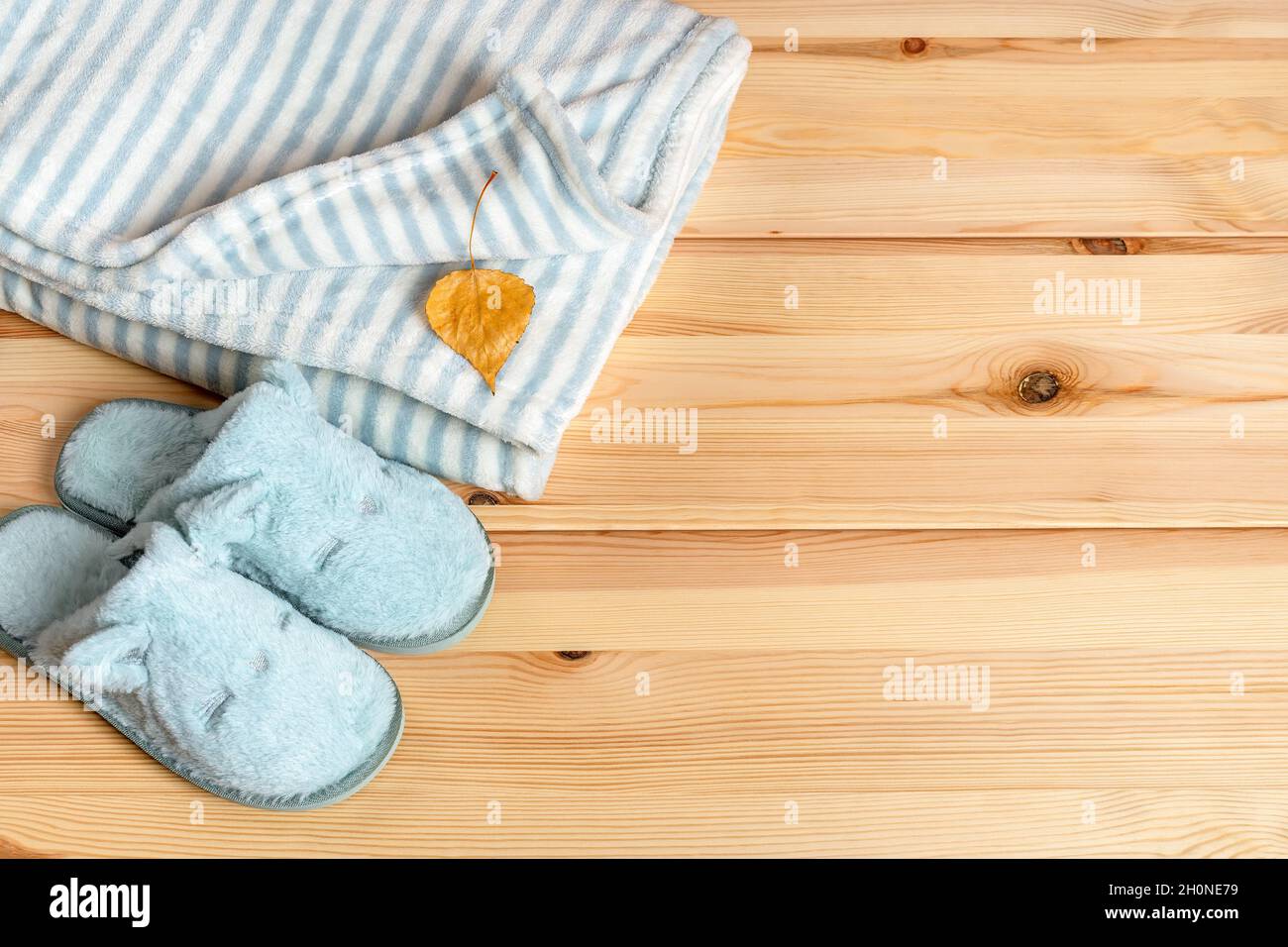 Yellow autumn leaf over striped fuzzy blanket and funny cat face blue slippers over natural wood surface. Warm fleece bedding and winter home shoes. Stock Photo