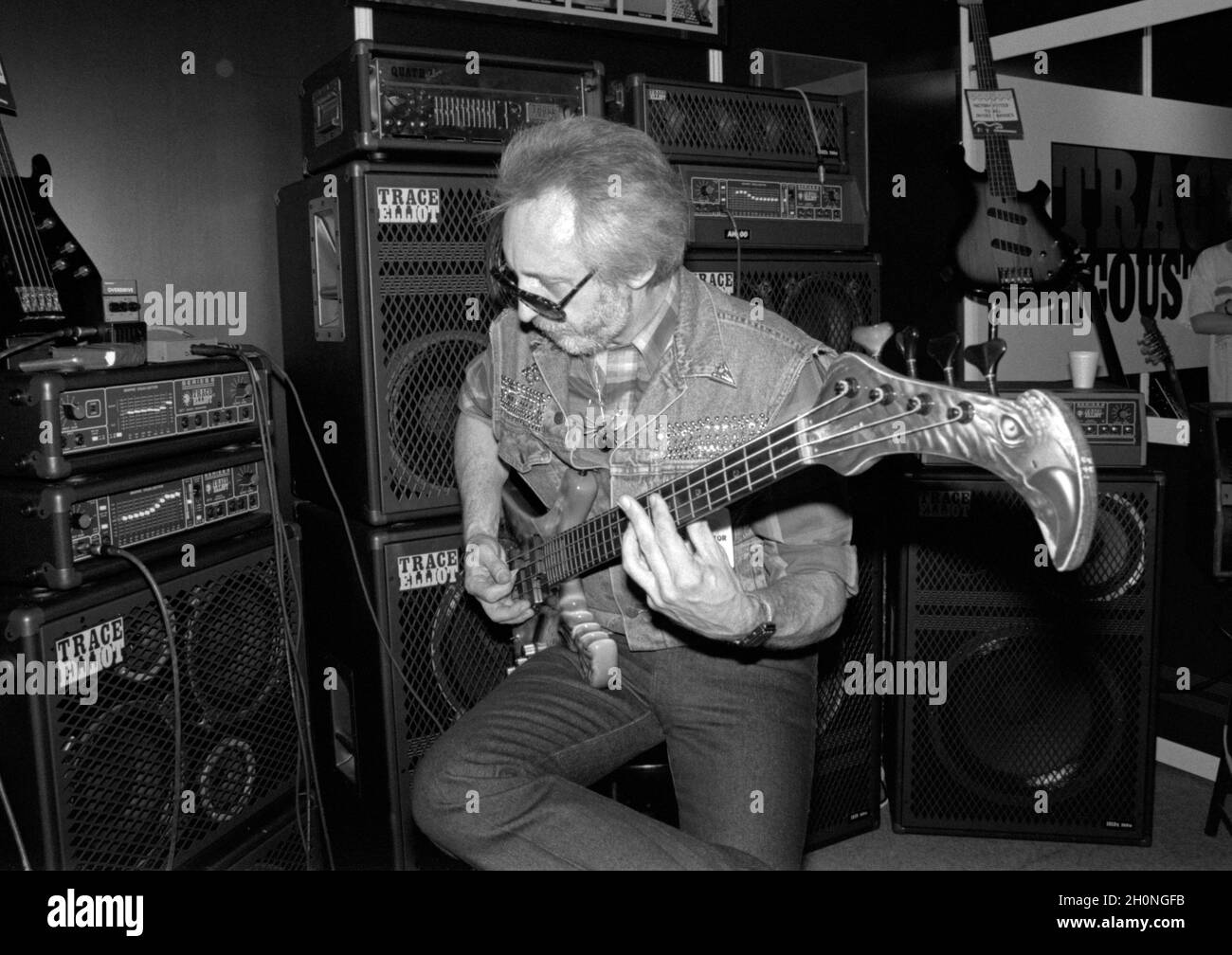 English bass guitarist John Entwistle playing a highly ornate