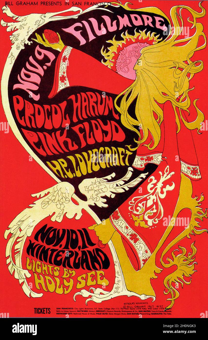 Poster for a November 1967 concert at the Fillmore Auditorium, San Francisco, USA, featuring British bands Procol Harum and Pink Floyd. Stock Photo