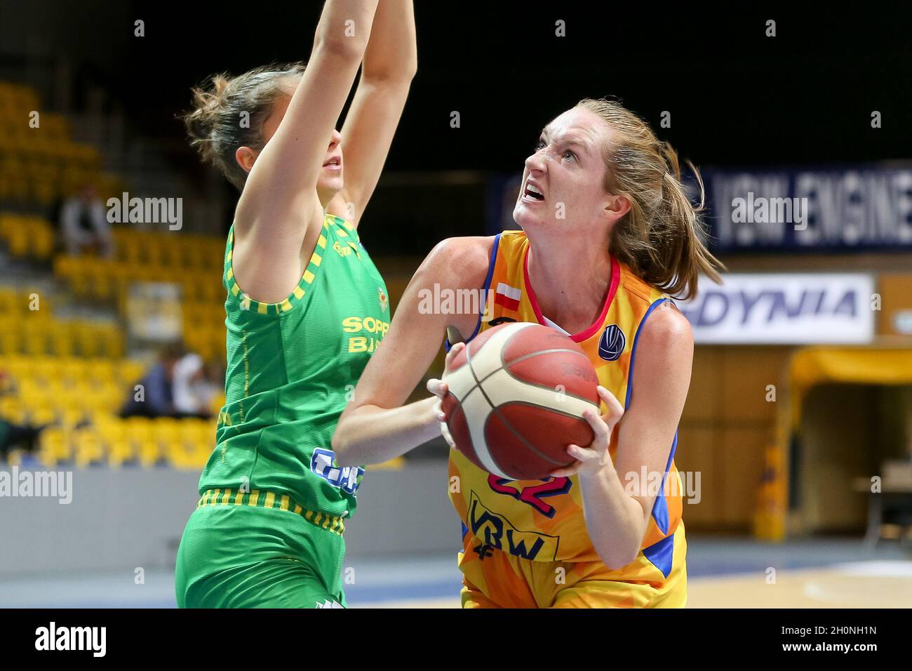 Gdynia, Poland. 13th Oct, 2021. Aliz Varga and Morgan Quinn Bertsch are  seen in action during the Euro League Women group B match between VBW Arka  Gdynia and Sopron Basket in Gdynia. (