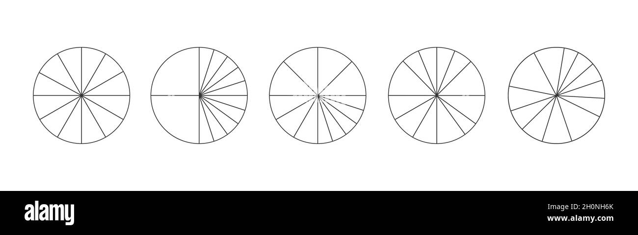 Graphic circles divided in 12 segments isolated on white background. Pie or pizza round shapes cut in different twelve slices. Simple statistical infographic examples. Vector outline illustration. Stock Vector