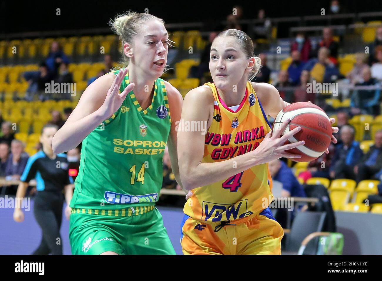 Bernadett Hatar and Ana-Marija Begic are seen in action during the Euro  League Women group B match between VBW Arka Gdynia and Sopron Basket in  Gdynia. (Final score; VBW Arka Gdynia 71:86