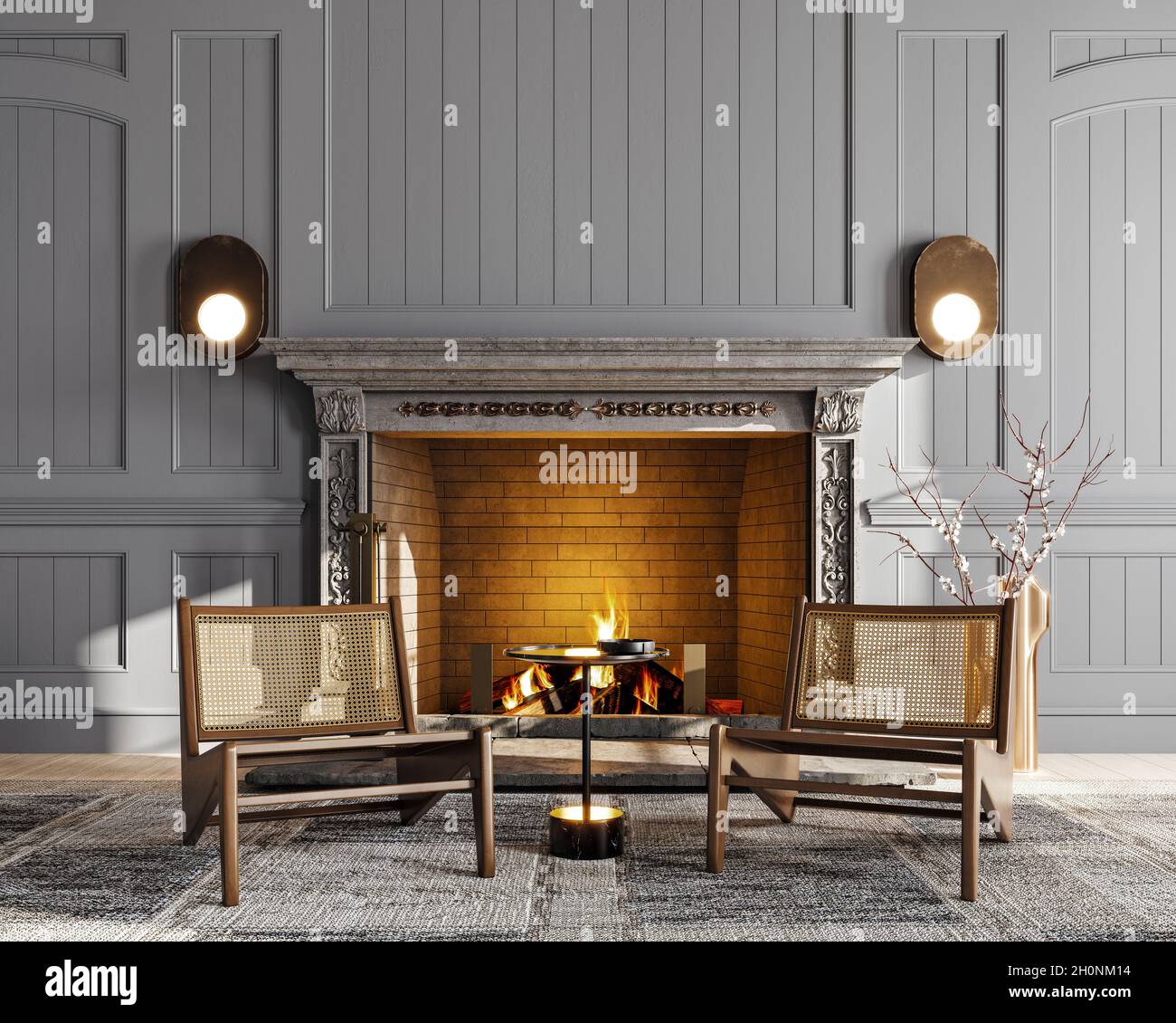 Beautiful dark classic interior with fireplace and chairs. 3d rendering, illustration mockup. Stock Photo